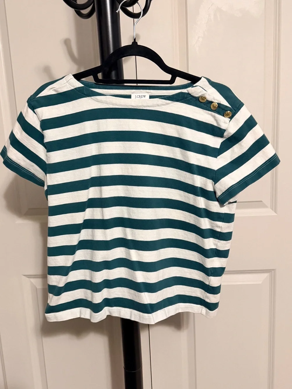 J. Crew Navy & White/Green stripe Short Sleeve Tees with Gold Buttons.